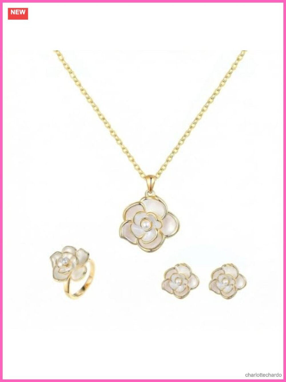 Rose Gold Plated White Rose Necklace Earring Set Women